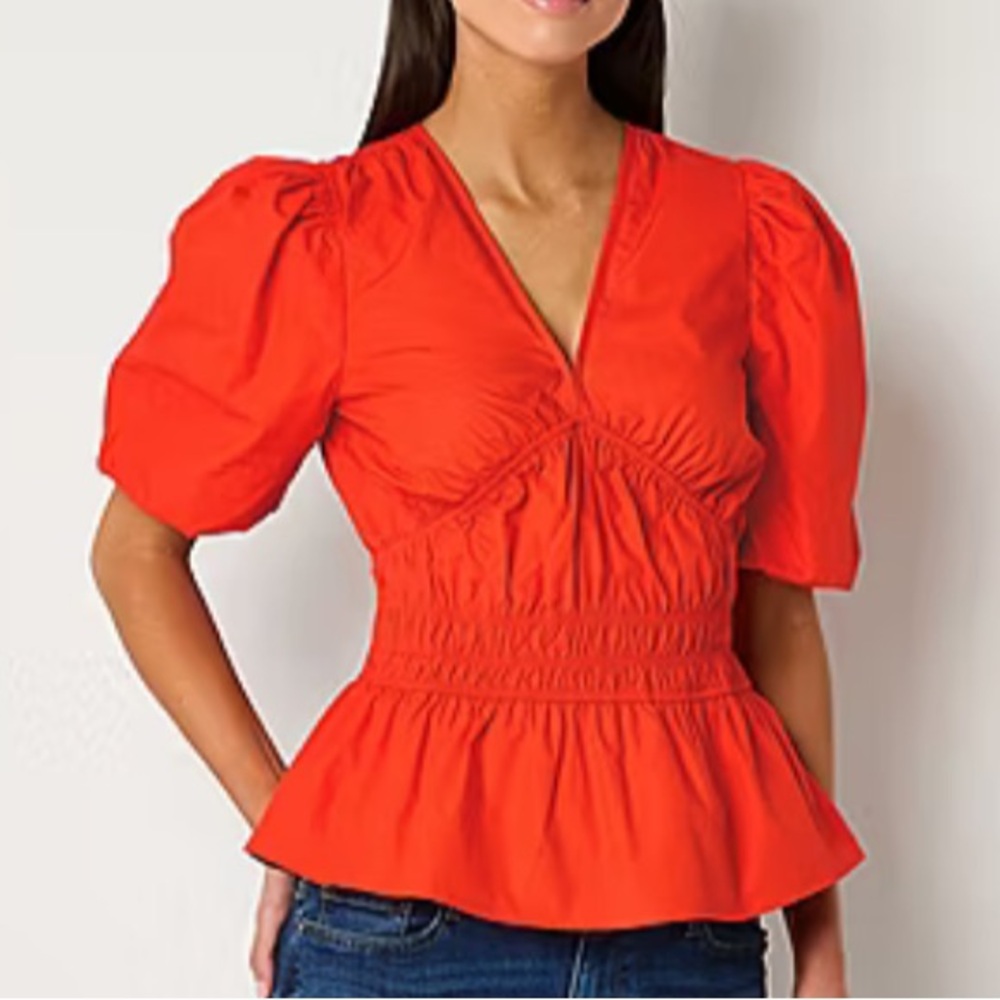Tinseltown Bright Orange V Neck Short Sleeve Blouse Size Medium